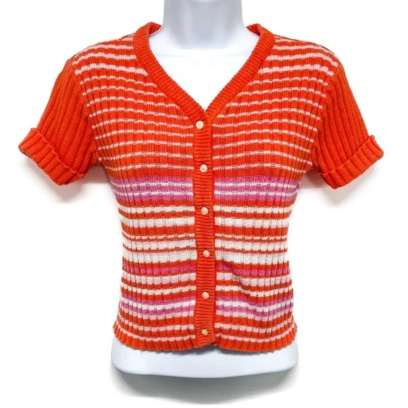 Vintage 90s Old Navy Striped Ribbed Button Up Cardigan Sweater Top Orange  Pink